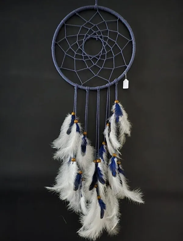 Attrape-rêves Bleu avec Plumes Blanches et Perles en Bois