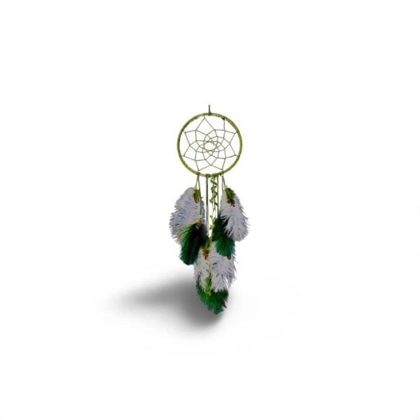 Attrape-Rêves Vert et Blanc – Plumes Naturelles et Perles en Bois
