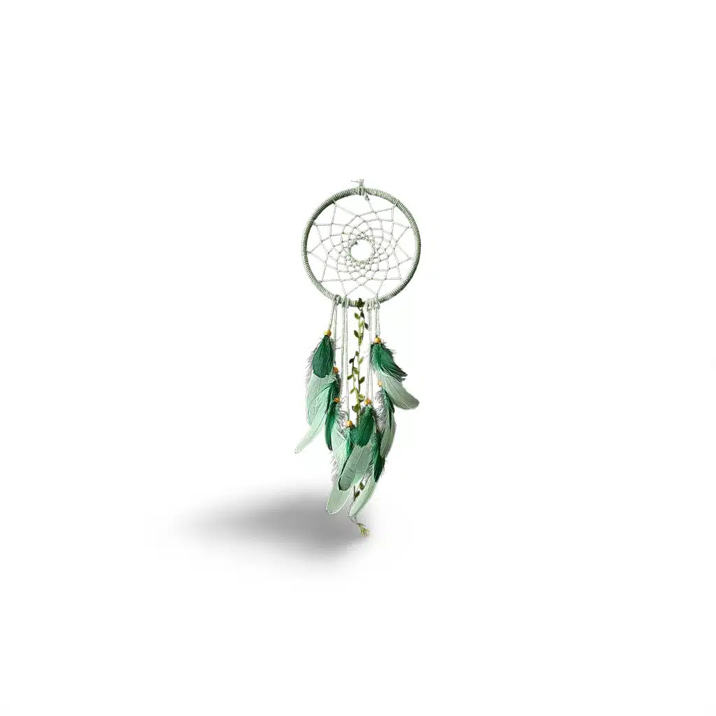 Attrape-rêves vert pastel avec plumes et perles en bois